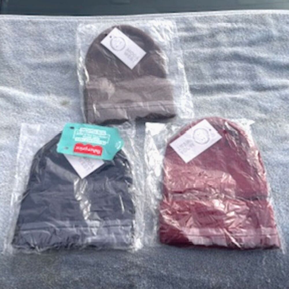 Knit "Toboggan Style" Winter Caps . {3} Hat Bundle . Navy / Brown / Burgundy